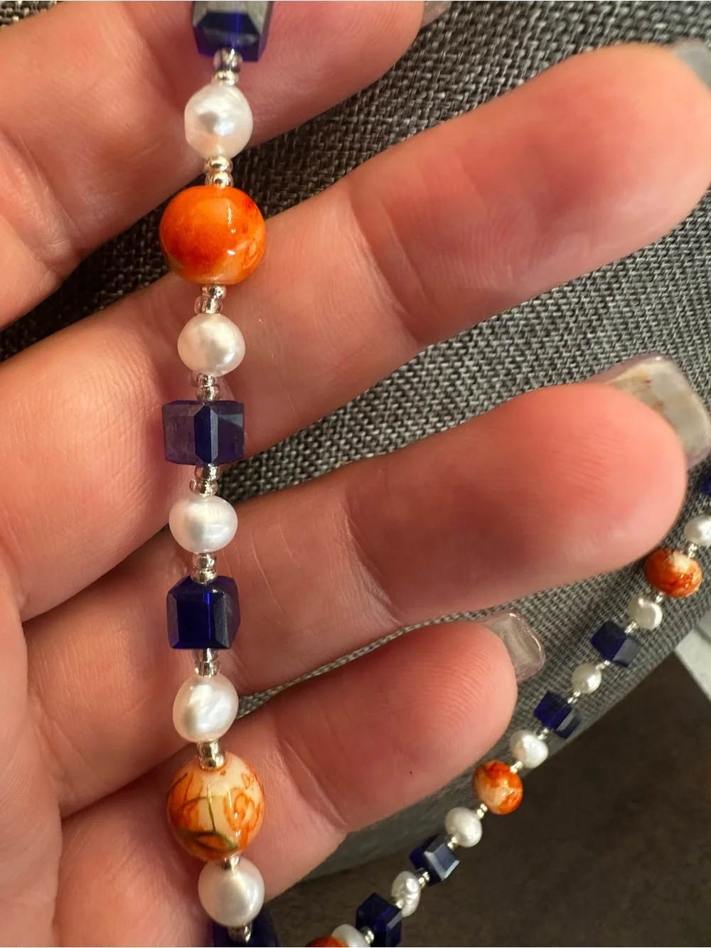 Freshwater Pearl Necklace with Orange and Navy Accents